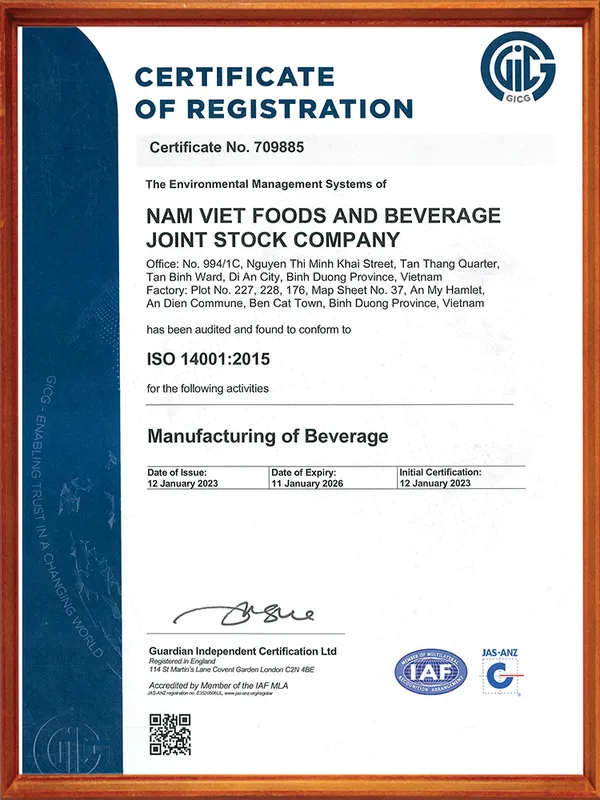 Sản phẩm ISO 14001 2015 — Nước Giải Khát Nam Việt - Công Ty Cổ Phần Thực Phẩm Và Nước Giải Khát Nam Việt — MST 3702469912
