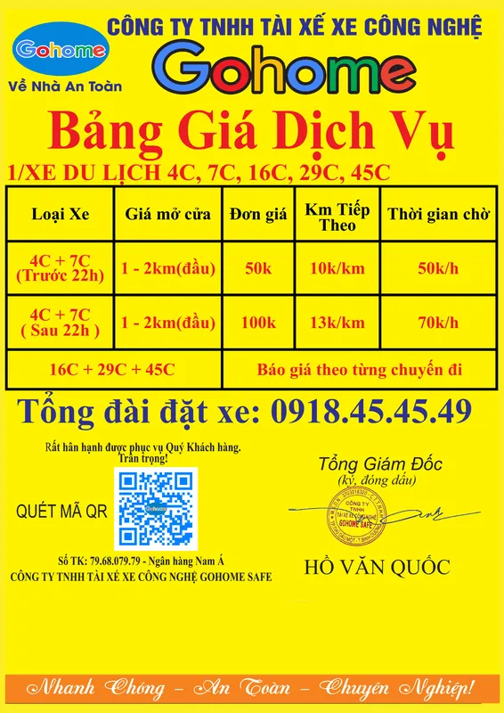 Sản phẩm bang gia moi 2 — Cho Thuê Xe Ô Tô, Xe Du Lịch Gohome Safe - Công Ty TNHH Tài Xế Xe Công Nghệ
Gohome Safe — MST 3703318320