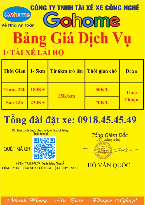 Sản phẩm bang gia moi — Cho Thuê Xe Ô Tô, Xe Du Lịch Gohome Safe - Công Ty TNHH Tài Xế Xe Công Nghệ
Gohome Safe — MST 3703318320
