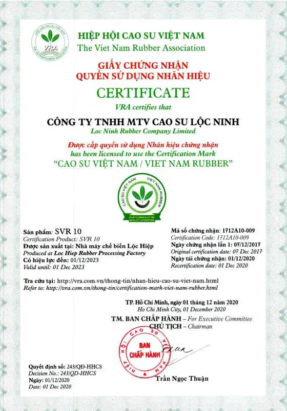 Sản phẩm ch_ng_nh_n_svr10_1 — Cao Su Lộc Ninh - Công Ty TNHH MTV Cao Su Lộc Ninh — MST 3800100270