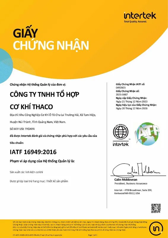 Sản phẩm 1. IATF 16949 2016 VI — Công Ty TNHH Sản Xuất Linh Kiện Nhựa Thaco — MST 4001123925