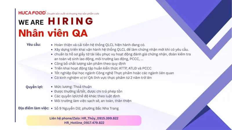 Sản phẩm HUCAFOOD tuyen dung Nhan vien QA 1024x576 — Cà Phê Hucafood - Công Ty TNHH Sản Xuất - Thương Mại Hucafood — MST 4201175906